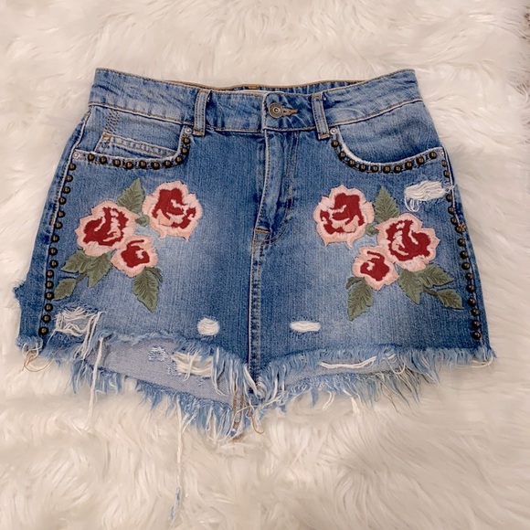 Free People Floral Embroidered Denim Mini Skirt - Picture 3 of 9